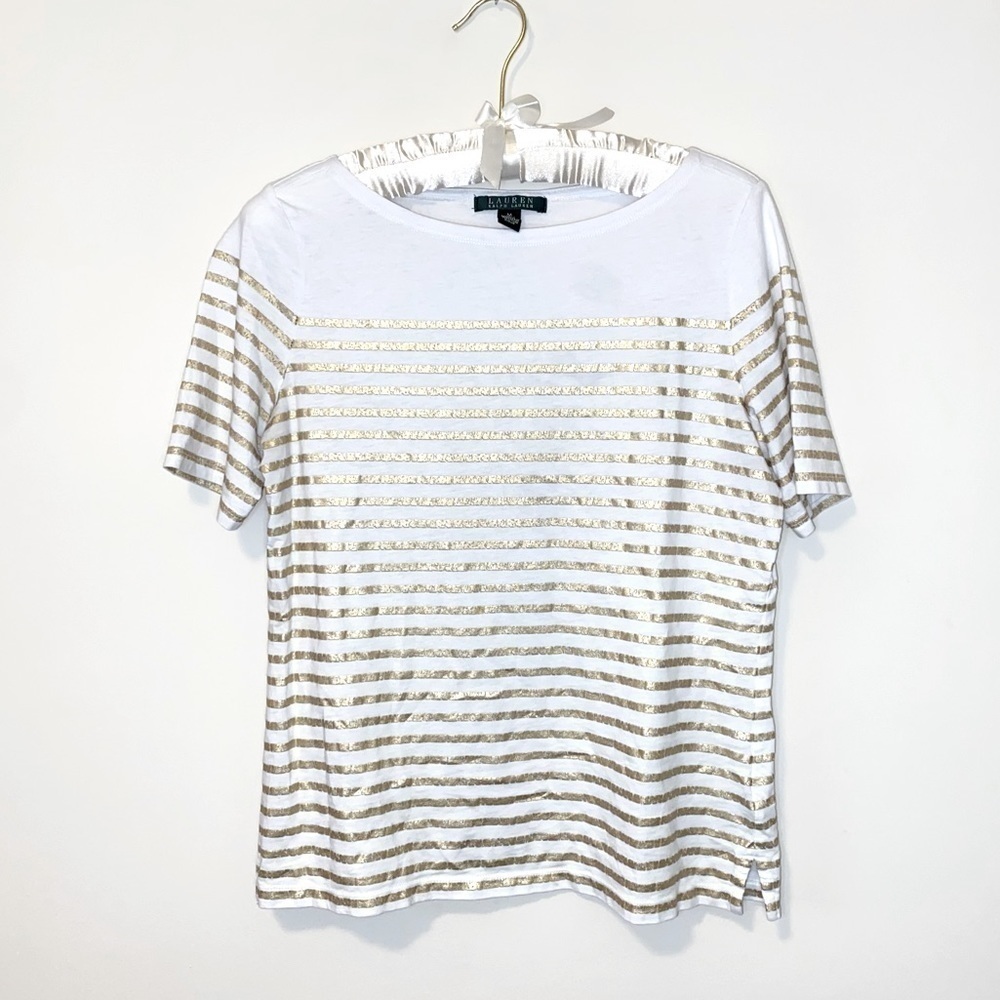 Lauren Ralph Lauren Gold and White Short Sleeve Tshirt Top Size M